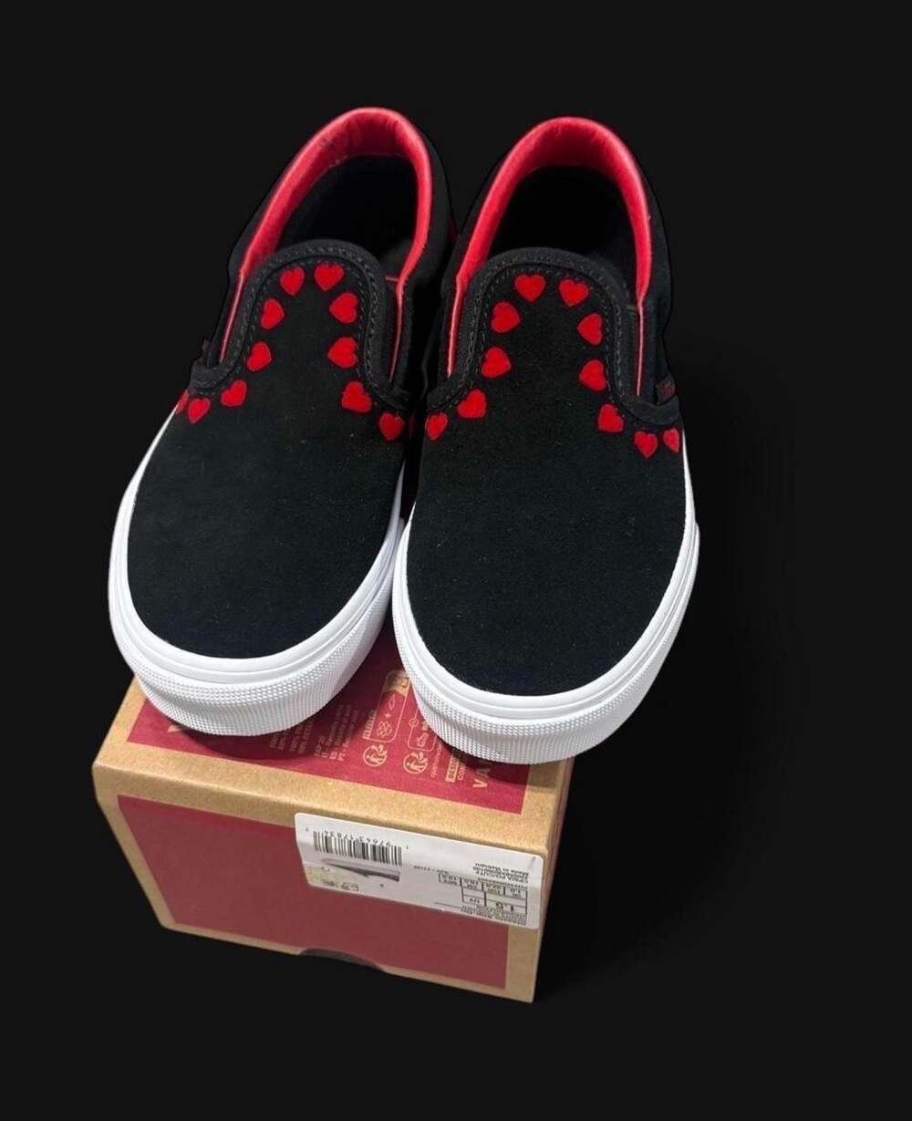 Vans Kids Black Slip-On Sneakers with Red Heart Accents